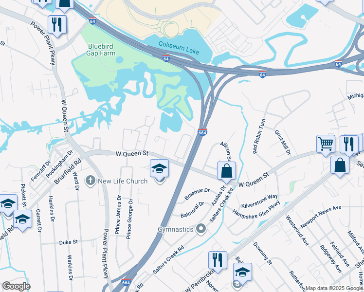 map of restaurants, bars, coffee shops, grocery stores, and more near 1446 West Queen Street in Hampton