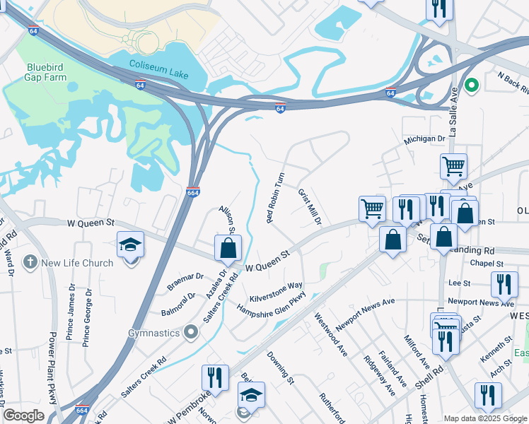map of restaurants, bars, coffee shops, grocery stores, and more near 106 Red Robin Turn in Hampton