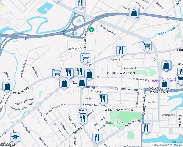 map of restaurants, bars, coffee shops, grocery stores, and more near 922 LaSalle Avenue in Hampton