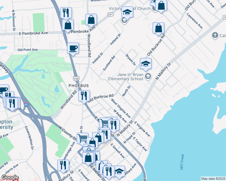map of restaurants, bars, coffee shops, grocery stores, and more near 203 West Chamberlin Avenue in Hampton