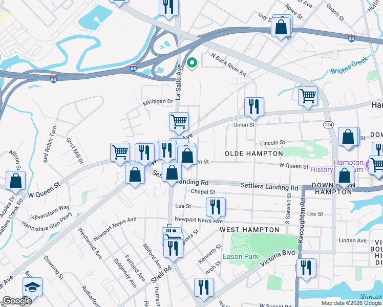 map of restaurants, bars, coffee shops, grocery stores, and more near 913 West Queen Street in Hampton