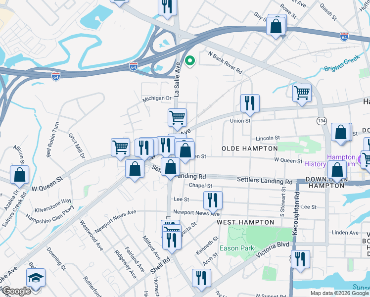 map of restaurants, bars, coffee shops, grocery stores, and more near 913 West Queen Street in Hampton