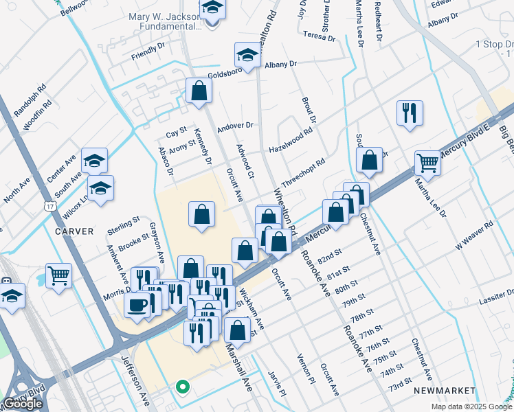 map of restaurants, bars, coffee shops, grocery stores, and more near 316 Adwood Court in Hampton