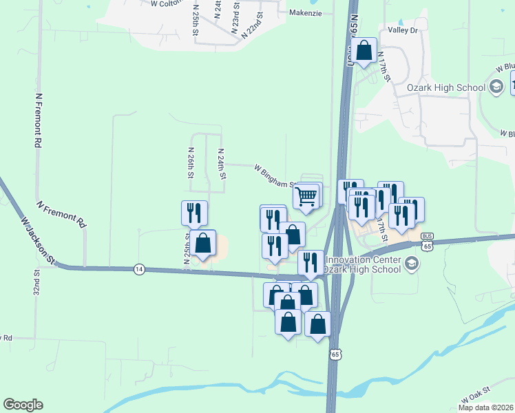 map of restaurants, bars, coffee shops, grocery stores, and more near 720 North 22nd Street in Ozark
