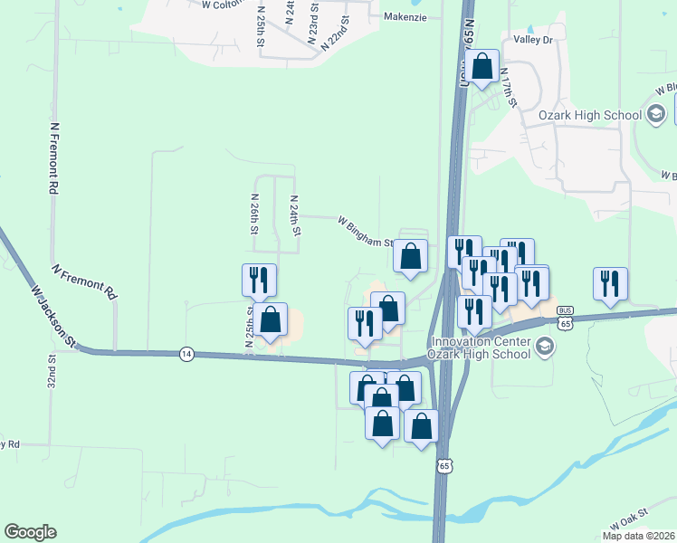 map of restaurants, bars, coffee shops, grocery stores, and more near 720 North 22nd Street in Ozark