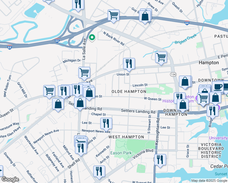 map of restaurants, bars, coffee shops, grocery stores, and more near 12 Redwood Street in Hampton