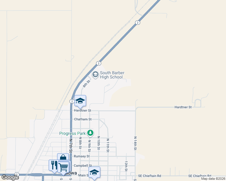 map of restaurants, bars, coffee shops, grocery stores, and more near 102 Front Street in Kiowa