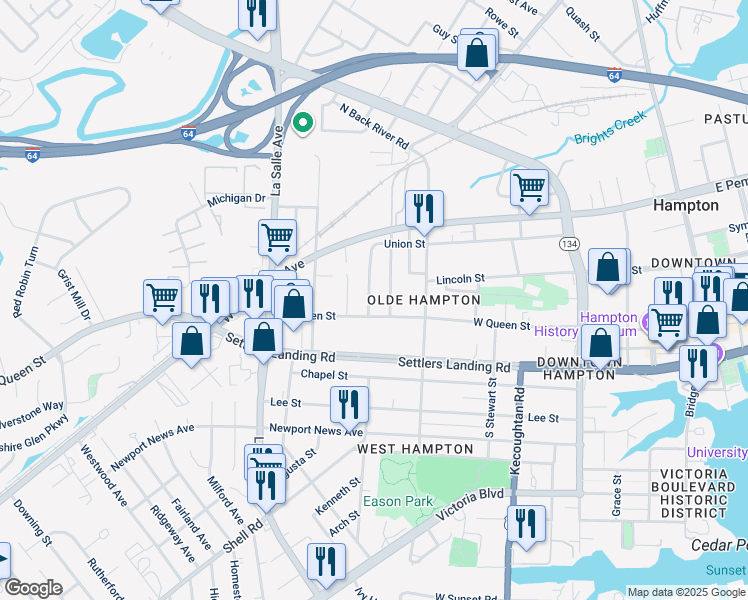 map of restaurants, bars, coffee shops, grocery stores, and more near 12 Redwood Street in Hampton