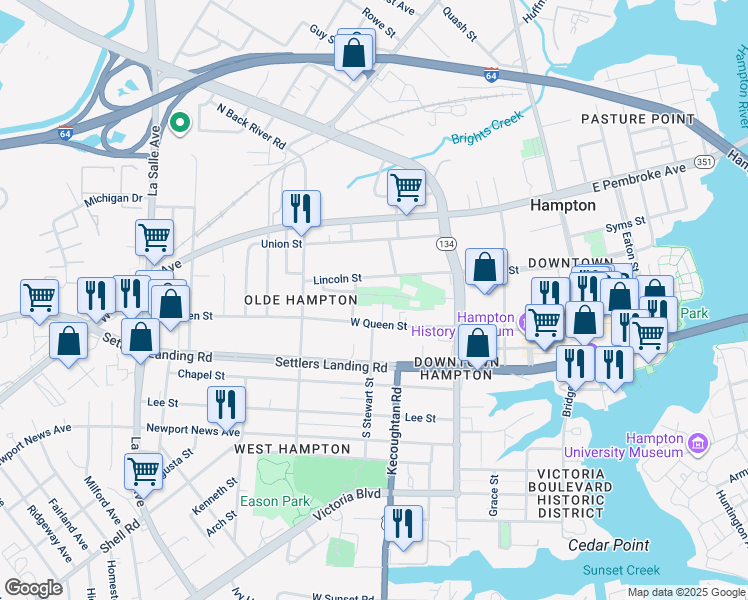 map of restaurants, bars, coffee shops, grocery stores, and more near 311 Grant Circle in Hampton