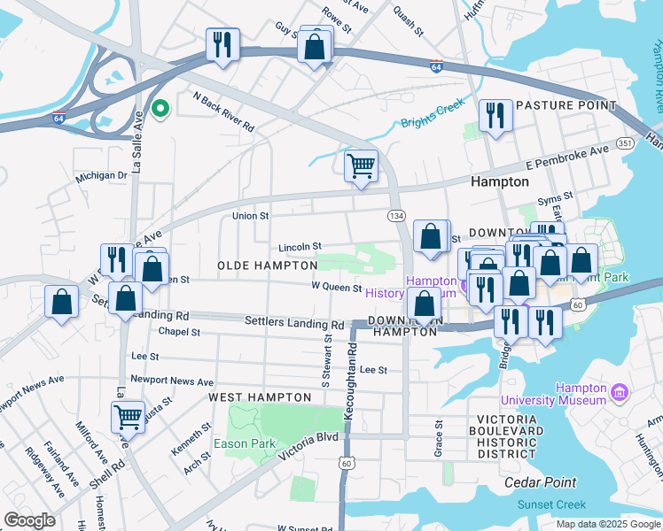 map of restaurants, bars, coffee shops, grocery stores, and more near 311 Grant Circle in Hampton