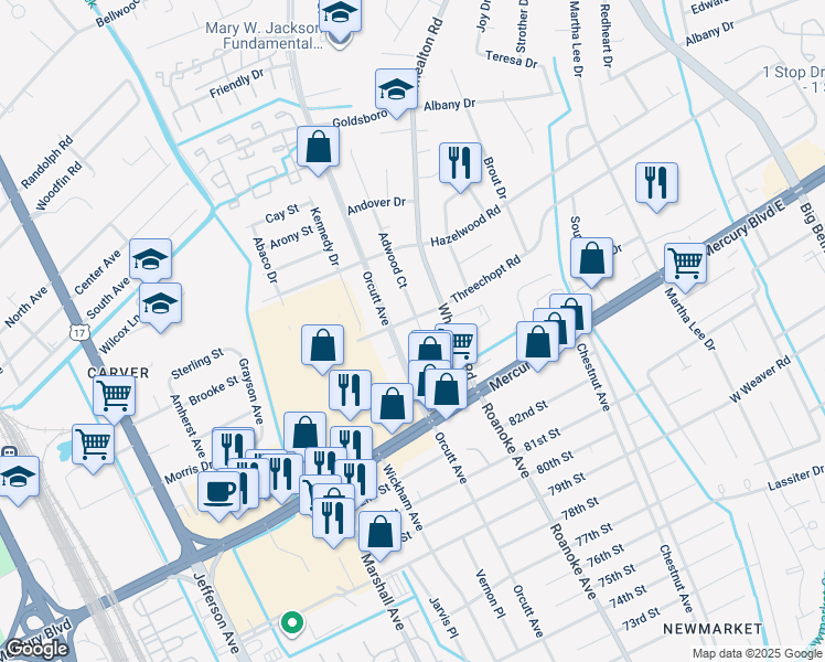map of restaurants, bars, coffee shops, grocery stores, and more near 316 Adwood Court in Hampton
