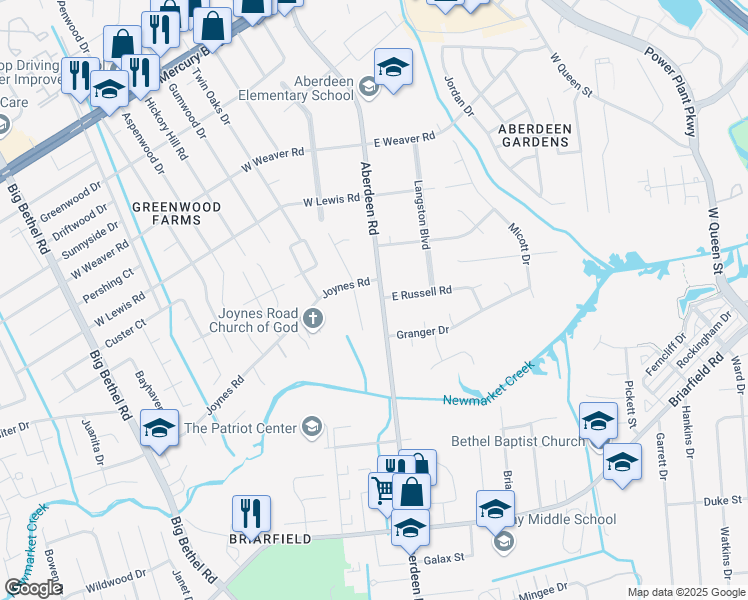 map of restaurants, bars, coffee shops, grocery stores, and more near 1039 Aberdeen Road in Hampton