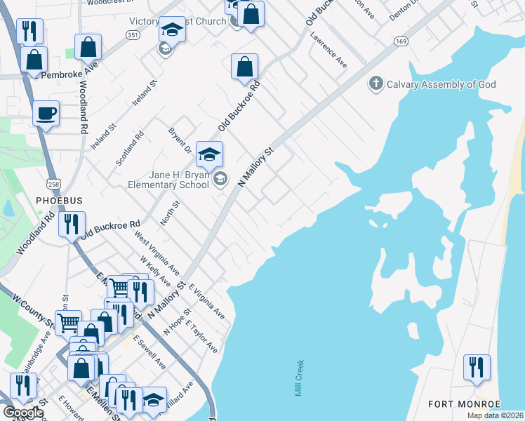 map of restaurants, bars, coffee shops, grocery stores, and more near 1110 Oldfield Street in Hampton