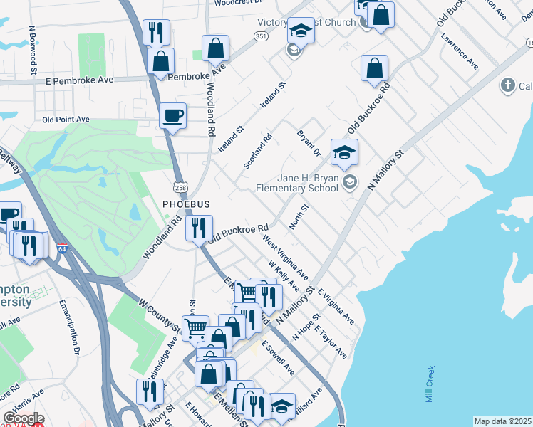 map of restaurants, bars, coffee shops, grocery stores, and more near 203 West Chamberlin Avenue in Hampton