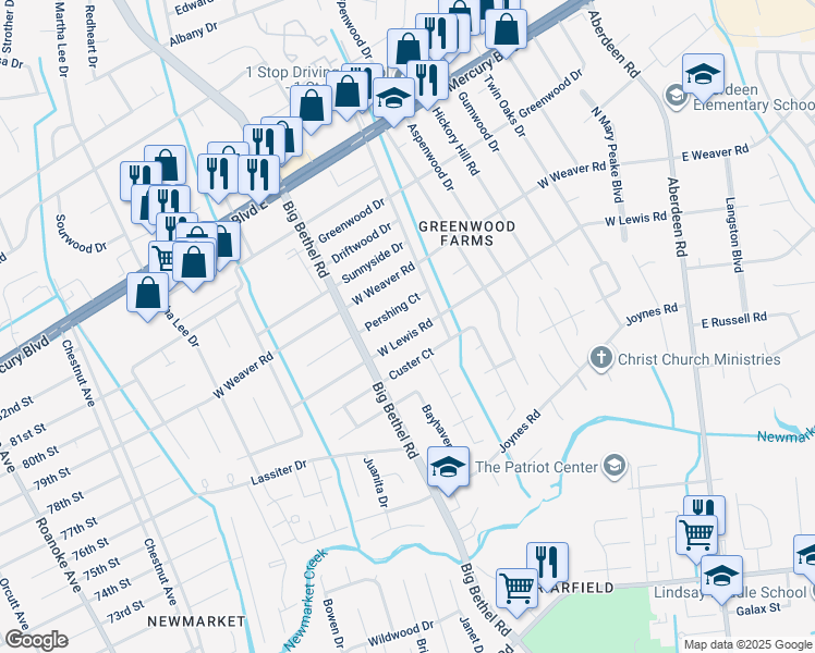 map of restaurants, bars, coffee shops, grocery stores, and more near 3310 West Lewis Road in Hampton