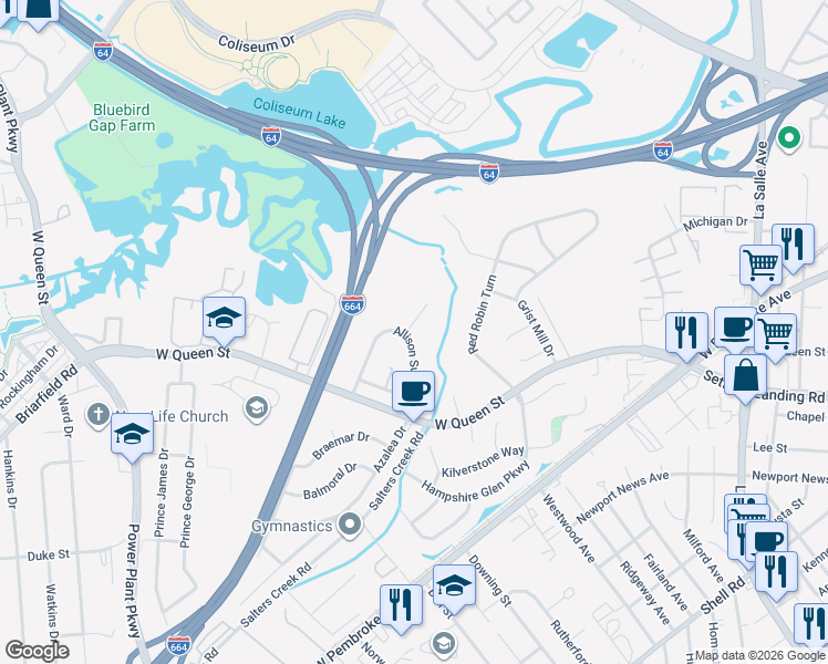 map of restaurants, bars, coffee shops, grocery stores, and more near 22 Allison Sutton Drive in Hampton