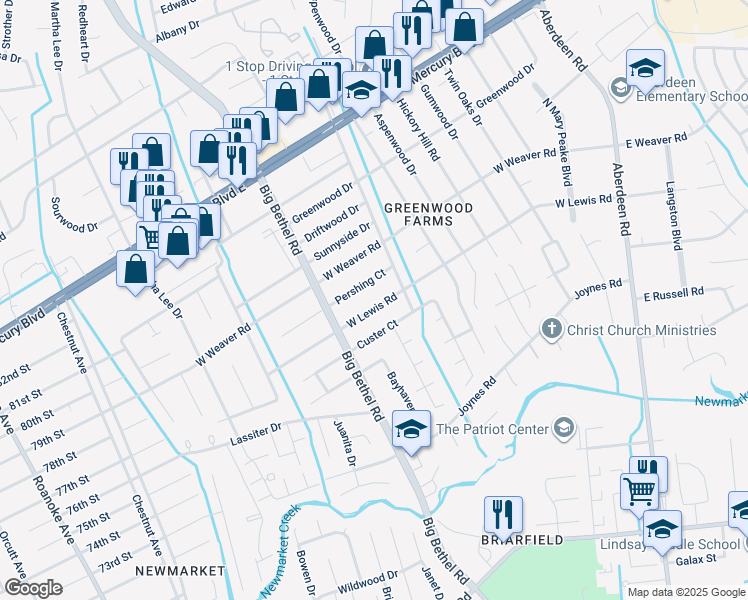 map of restaurants, bars, coffee shops, grocery stores, and more near 3310 West Lewis Road in Hampton