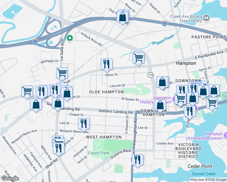 map of restaurants, bars, coffee shops, grocery stores, and more near in Hampton