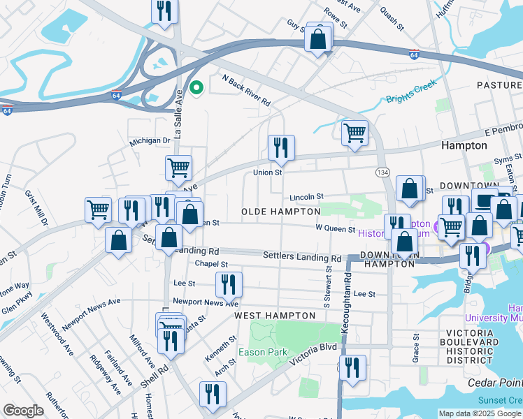 map of restaurants, bars, coffee shops, grocery stores, and more near 16 Maplewood Street in Hampton