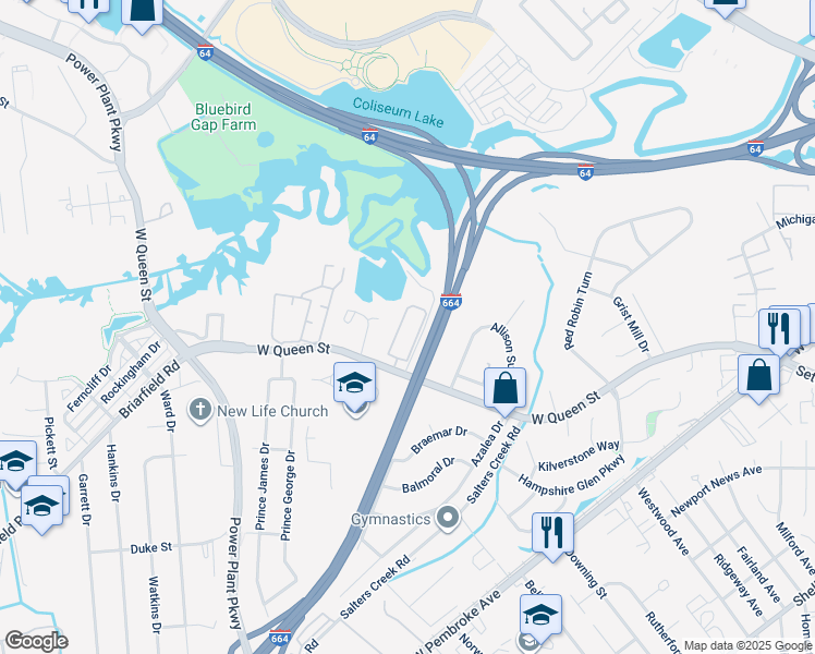 map of restaurants, bars, coffee shops, grocery stores, and more near 1446 West Queen Street in Hampton