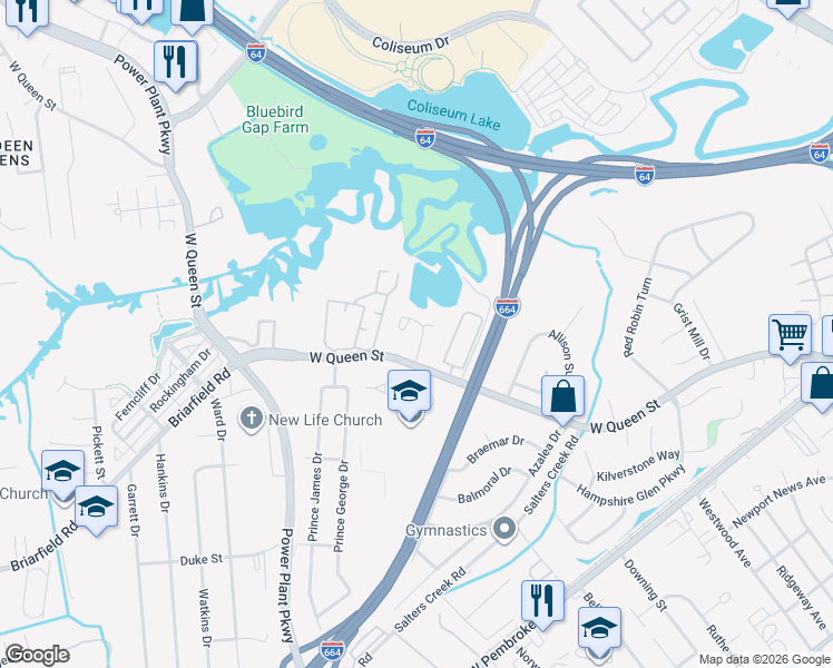 map of restaurants, bars, coffee shops, grocery stores, and more near 1456 West Queen Street in Hampton