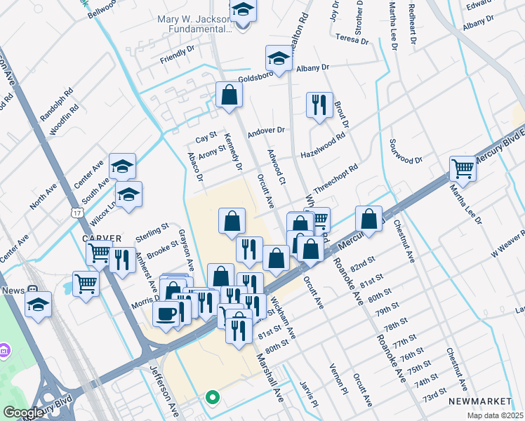 map of restaurants, bars, coffee shops, grocery stores, and more near 5007 Threechopt Road in Newport News