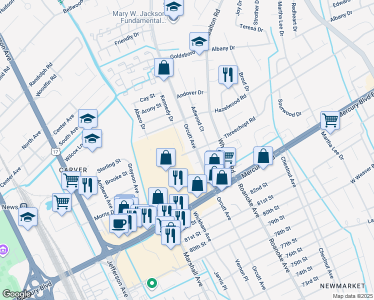 map of restaurants, bars, coffee shops, grocery stores, and more near 5007 Threechopt Road in Newport News