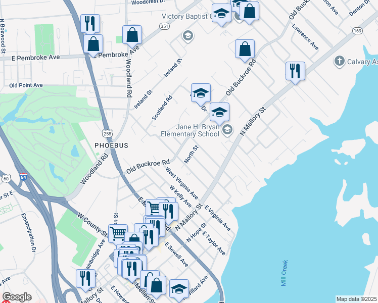 map of restaurants, bars, coffee shops, grocery stores, and more near 717 North Street in Hampton