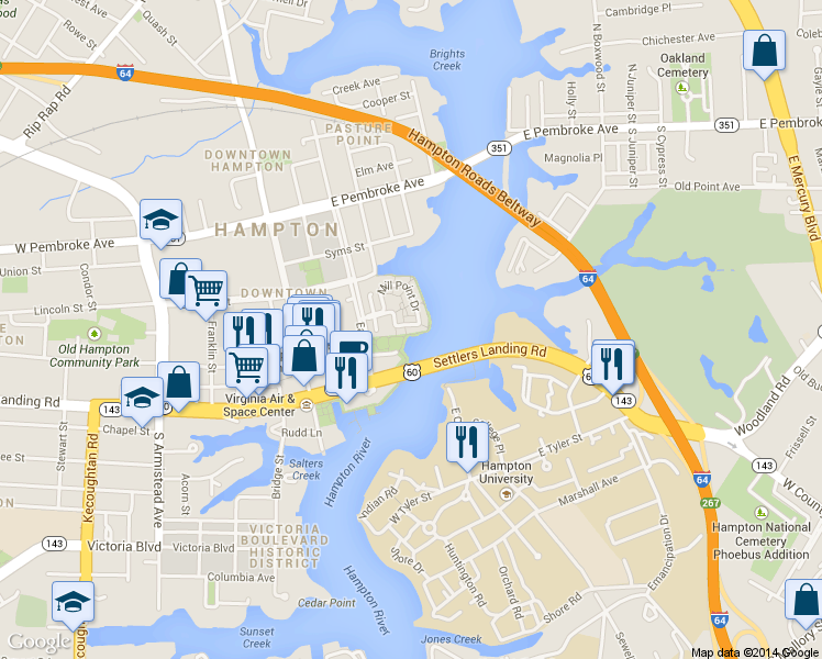 map of restaurants, bars, coffee shops, grocery stores, and more near 132 Mill Point Drive in Hampton