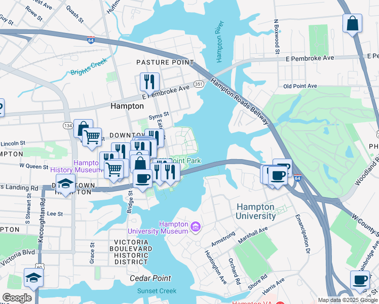 map of restaurants, bars, coffee shops, grocery stores, and more near 132 Mill Point Drive in Hampton