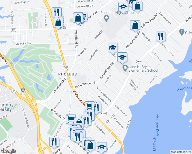 map of restaurants, bars, coffee shops, grocery stores, and more near 205 West Chamberlin Avenue in Hampton