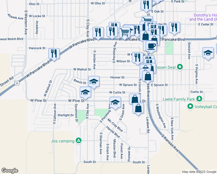map of restaurants, bars, coffee shops, grocery stores, and more near 218 Hoover Street in Liberal