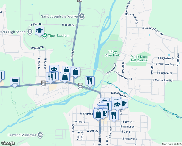 map of restaurants, bars, coffee shops, grocery stores, and more near 699 North 4th Street in Ozark
