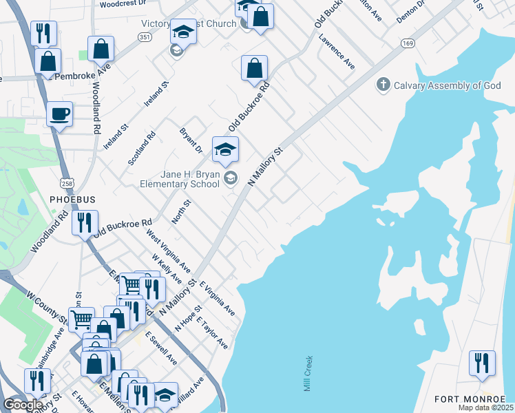 map of restaurants, bars, coffee shops, grocery stores, and more near 923 Wilson Lane in Hampton