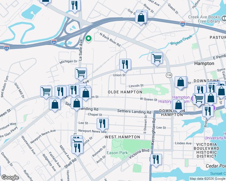 map of restaurants, bars, coffee shops, grocery stores, and more near 407 Lincoln Street in Hampton
