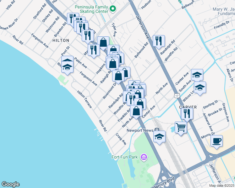 map of restaurants, bars, coffee shops, grocery stores, and more near 9907 U.S. 60 in Newport News