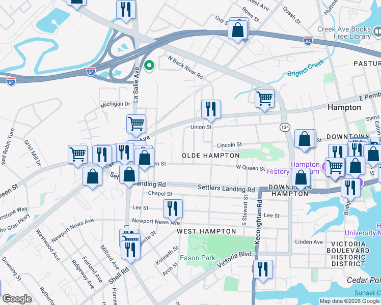 map of restaurants, bars, coffee shops, grocery stores, and more near 407 Lincoln Street in Hampton