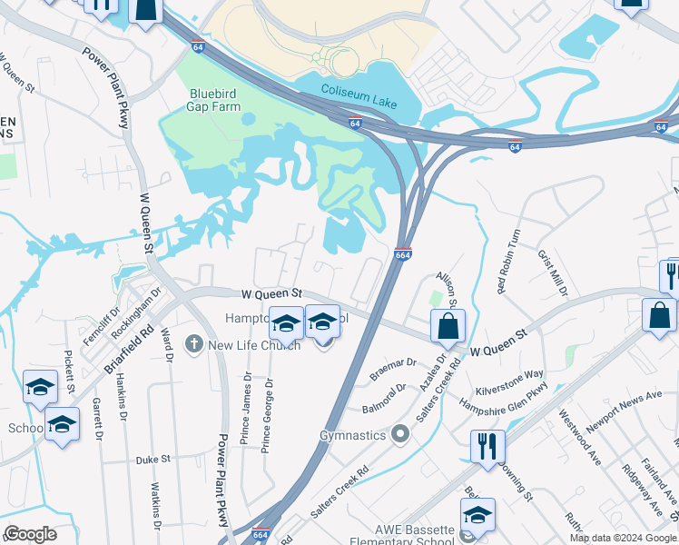 map of restaurants, bars, coffee shops, grocery stores, and more near 12 Inlandview Drive in Hampton