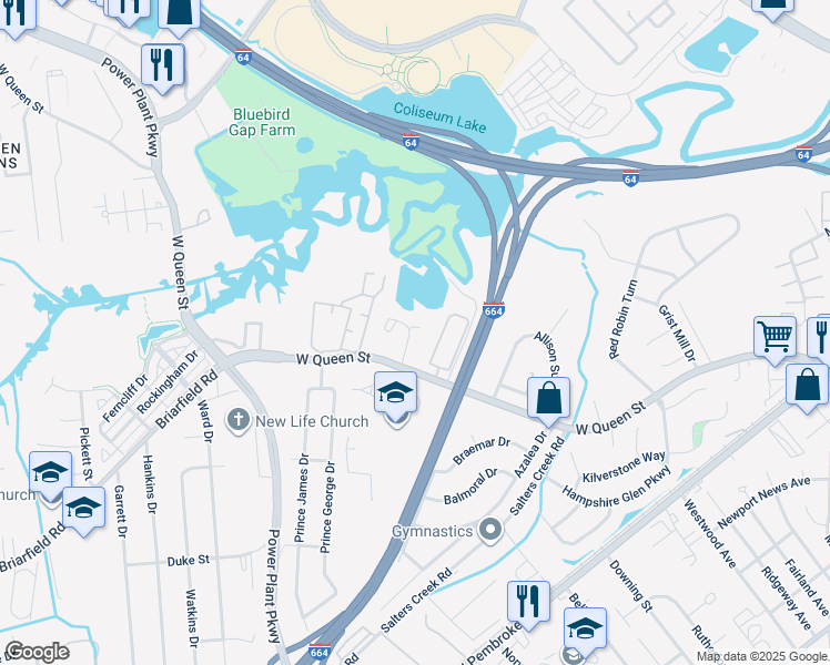 map of restaurants, bars, coffee shops, grocery stores, and more near 12 Inlandview Drive in Hampton