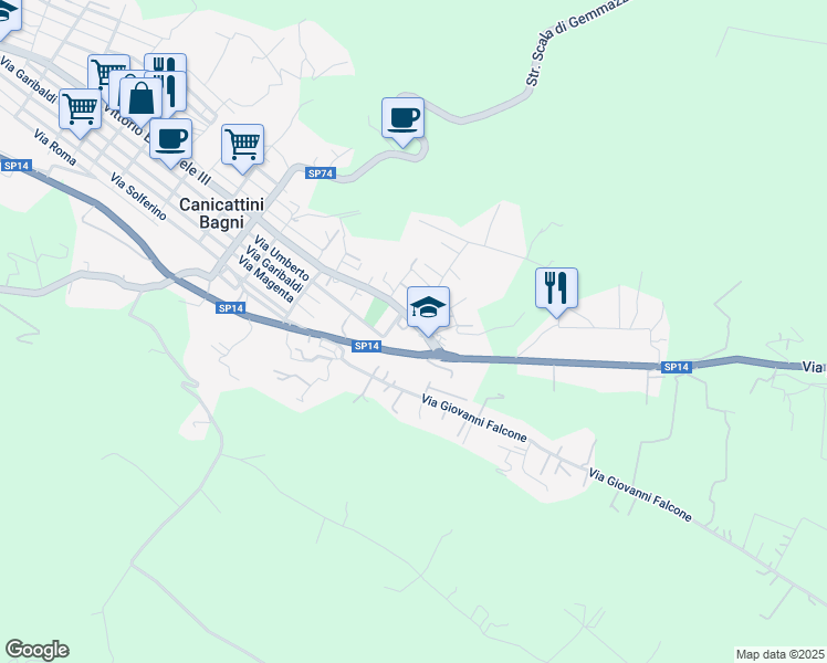 map of restaurants, bars, coffee shops, grocery stores, and more near 456 Via Vittorio Emanuele III in Canicattini Bagni
