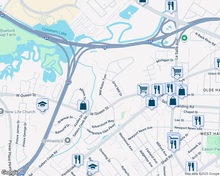map of restaurants, bars, coffee shops, grocery stores, and more near 4 Cranes Cove in Hampton