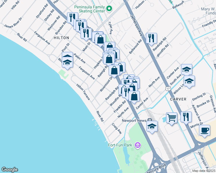 map of restaurants, bars, coffee shops, grocery stores, and more near 64 Rivermont Drive in Newport News