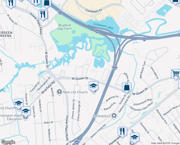 map of restaurants, bars, coffee shops, grocery stores, and more near 42B Inlandview Drive in Hampton