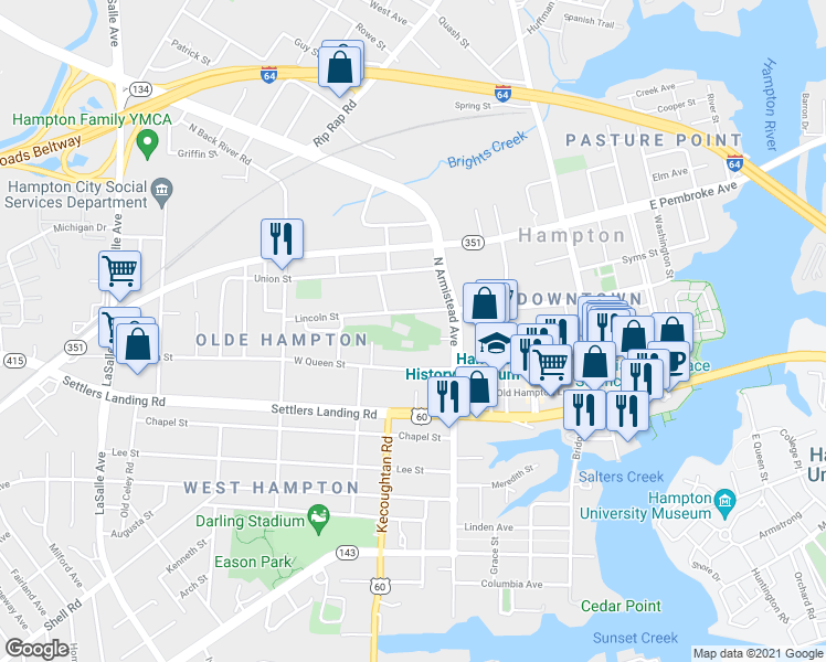 map of restaurants, bars, coffee shops, grocery stores, and more near 201 Lincoln Street in Hampton