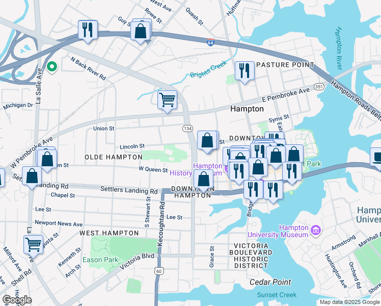 map of restaurants, bars, coffee shops, grocery stores, and more near 204 Lincoln Street in Hampton