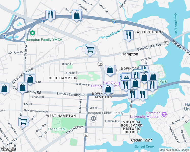 map of restaurants, bars, coffee shops, grocery stores, and more near 201 Lincoln Street in Hampton