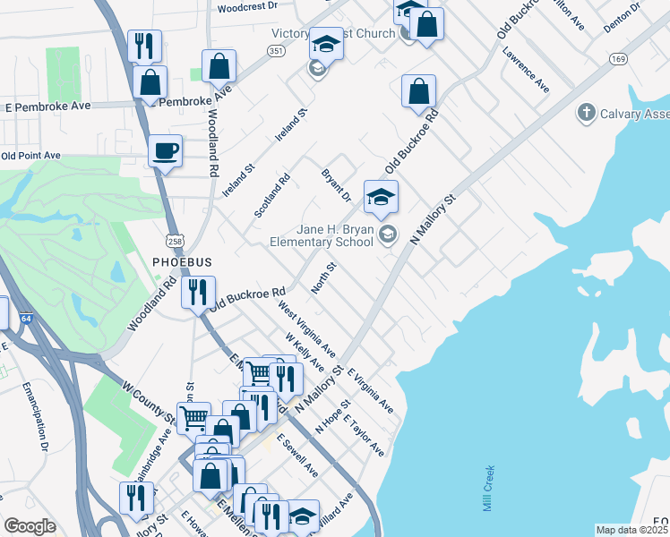 map of restaurants, bars, coffee shops, grocery stores, and more near 53 West Sherwood Avenue in Hampton