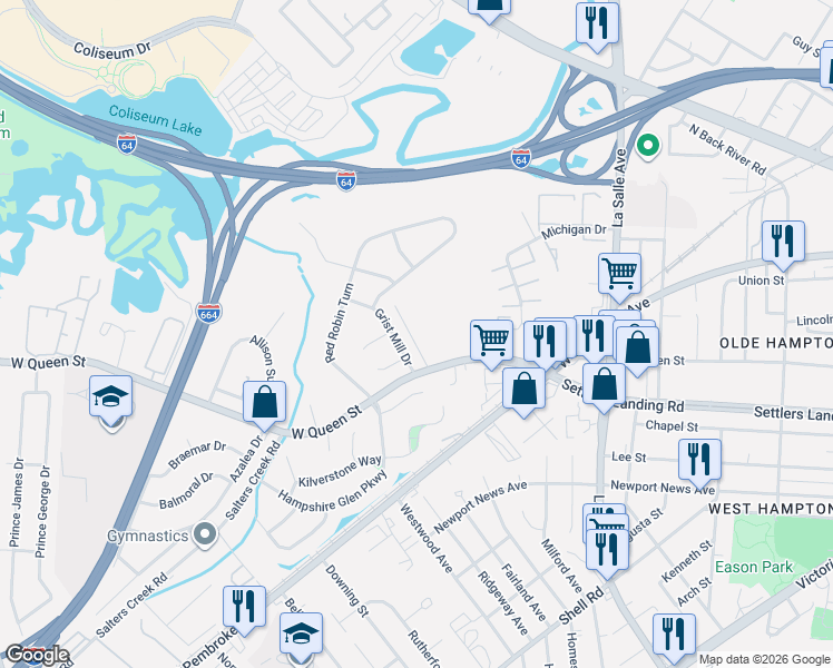 map of restaurants, bars, coffee shops, grocery stores, and more near 14 McDonald Road in Hampton