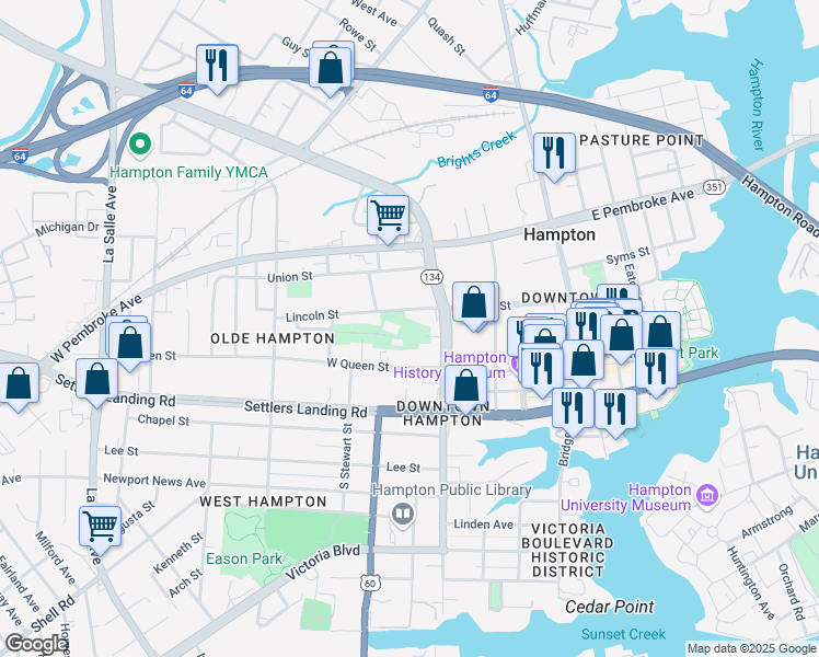 map of restaurants, bars, coffee shops, grocery stores, and more near 238 Lincoln Street in Hampton