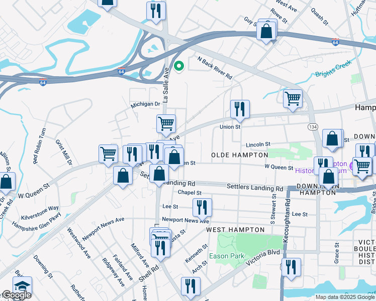 map of restaurants, bars, coffee shops, grocery stores, and more near 120 Palmer Street in Hampton